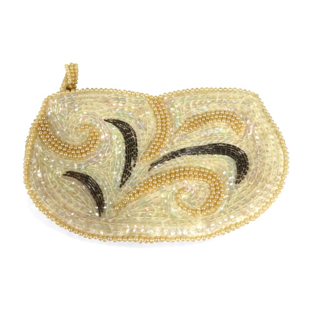VTG La Regale Clutch Bag Purse IVORY w/IRIDECENT SEQUINS Faux Pearls Gray Glass